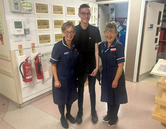 Thomas Newton pictured with Lisa Lincoln (left) and Tracey Burton (right) at the Jessop Wing Neo-natal Intensive Care Unit
