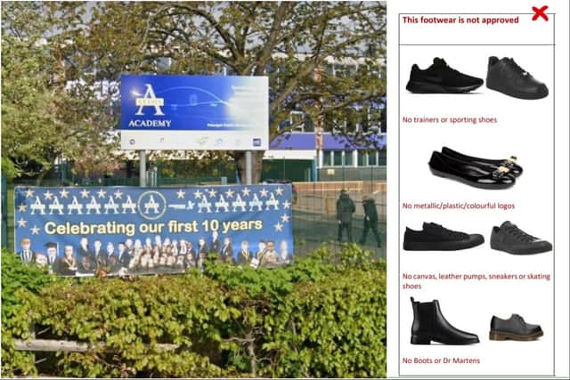 Aston Academy, in Swallownest, has announced a new uniform policy for September 2023 that bans all trainers, pumps or boots, as well as requiring all ties to be clip-on.