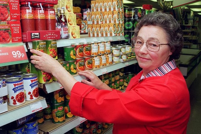 Pictured at the Late Shopper, Stannington Road, Stannington, where Muriel Cocker, who has worked at the store for 46 years, is retiring, August 23, 1996