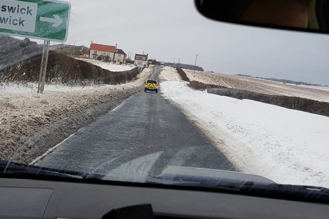 Single file on the A1 near Goswick during the Beast from the East in 2018.