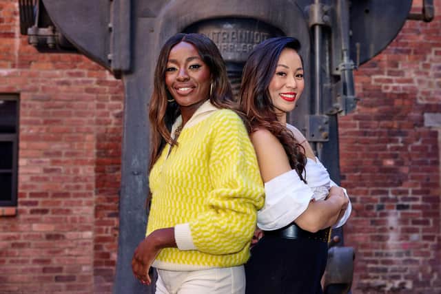 AJ Odudu (presenter) & Dara Huang (judge) back to back – straight to camera, in front of the steel press in the courtyard. Picture: Shaun Flannery
