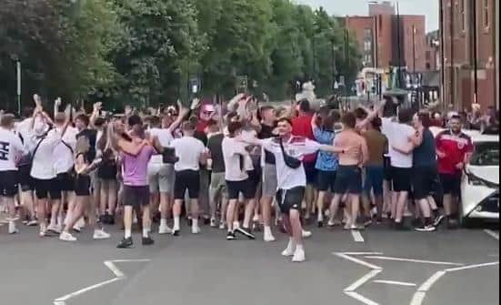 Crowds gathered in Ecclesall Road after England's 1-0 Euro win against Croatia on Sunday.