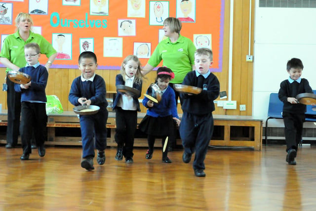Laygate Community School pupils holding pancake races with Asda's Mavis Maughan and Tracey Tough. Remember this from six years ago?