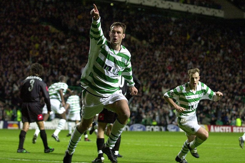 A stunning seven-goal thriller back in 2001, Chris Sutton hit a brace, while Henrik Larsson and Joos Valgaeren both chipped in with a goal each to help the Hoops see off the Italian giants in the Champions League group stage clash. (Photo by Ross Kinnaird/ALLSPORT)