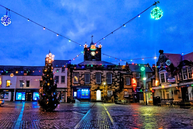 Christmas lights at Alnwick Market Square.