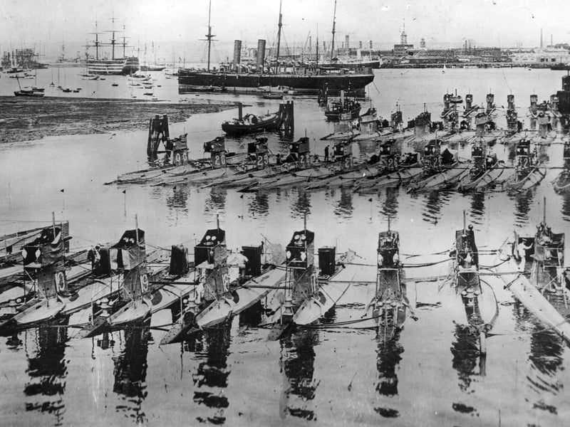 Thirty-five submarines tied up at Fort Blockhouse, Gosport, for the fleet review in 1908. Picture: Costen.co.uk