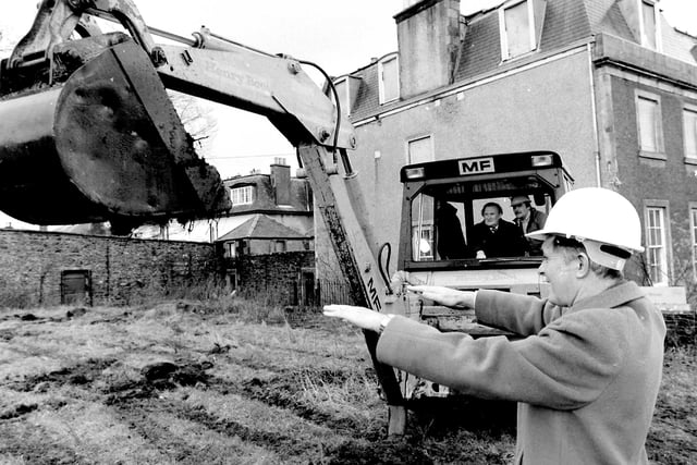 Cutting the first sod for Peebles Health Centre, February 1981.