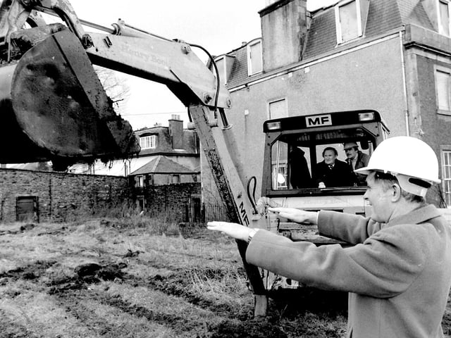 Cutting the first sod for Peebles Health Centre, February 1981.