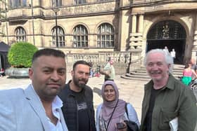 Anti-red lines campaigners Nasar Raoof, left, Charlie Chester and Abdullah Khalid with Nether Edge and Sharrow ward councillor Nighat Basharat outside Sheffield Town Hall ahead of a meeting that decided to defer the move. Picture: Nasar Raoof