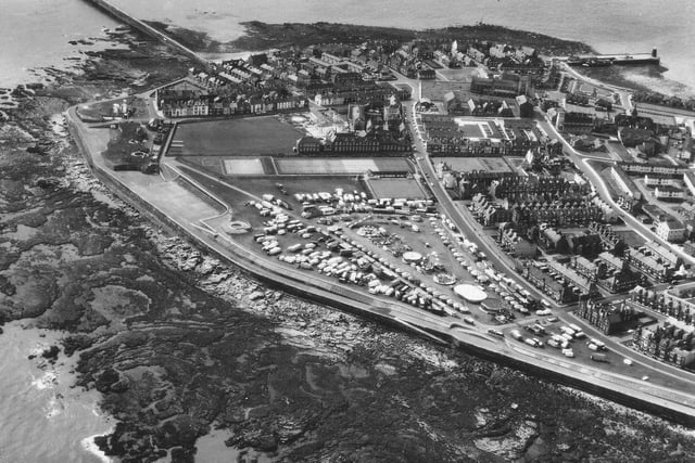 An aerial view of the Headland with the Hartlepool Carnival fairground up and running on the Town Moor in 1972.