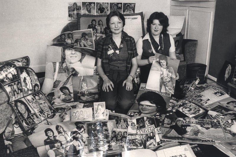 Bay City Rollers fans Sandra Furniss, left, and Carole Fisher of Chesterfield, pictured on April 24, 1976 surrounded by memorabilia