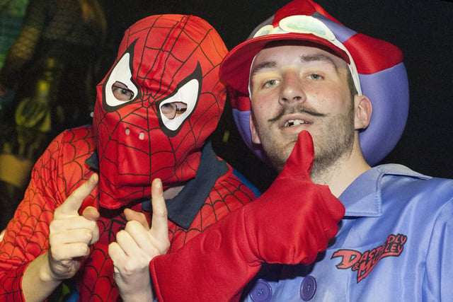 Steven Davies and Adam Stavely as Spiderman and Dick Dastardly at Sheffield's biggest Fancy Dress Ball at The Hubs, Hallam Union, Paternoster Row, Sheffield in April 2013