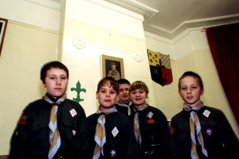 Scouts of Sheffield 61st with their newly refurbished headquarters in 1996. From left: Stuart Peters, John Platts, Adam Johnston, Chris Broadhead, and Matthew Rayner.