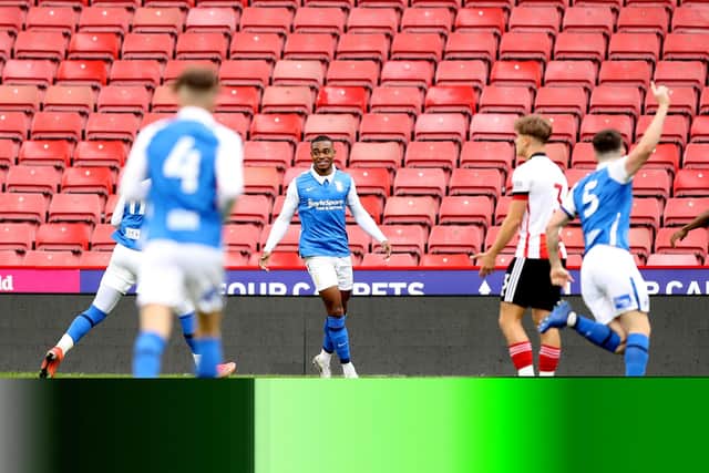 Adan George of Birmingham City celebrates after scoring his side's first goal during the Premier Development League Play Off Final match between Sheffield United U23 and Birmingham City U23 at Bramall Lane (Photo by George Wood/Getty Images)