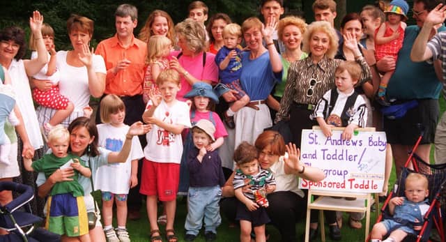 Pictured at Endcliffe park in 1997 where St Andrew's toddler playgroup held a sponsored toddler to raise funds for St Luke's Hospice.