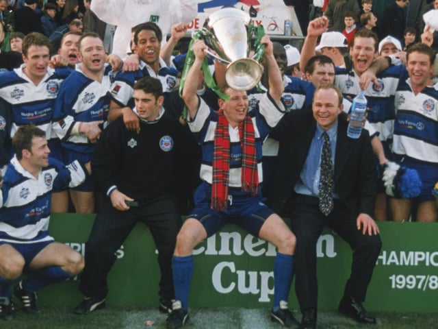 Bath captain Andy Nicol dons a tartan scarf to celebrate alongside coach Andy Robinson and team-mates after the 19-18 win over Brive in the 1998 Heineken Cup final at the Lescure Stadium in Bordeaux.