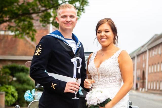 Jack and Ashleigh married on 15.8.20. Jack said: 'Kept having to re-arrange the wedding due to myself in the Navy, then with COVID and myself being deployed, we had to keep changing the wedding date and it looked like it may not happen. [We] finally [found] somewhere through the Navy where we could have our special COVID wedding with our family there to see it all.'