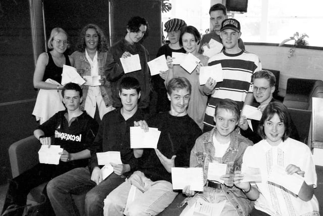 Students of Norton College, Sheffield, pictured with their A-level results, August 1994