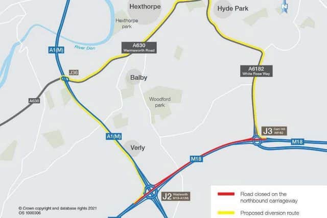 Diversion route for M18 northbound junction 2-3 weekend closures, shown in yellow. Resurfacing work is taking place from January 14 for around a month