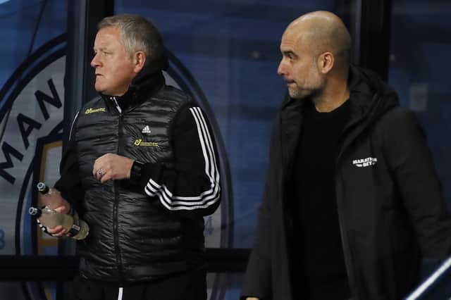 Sheffield United's Chris Wilder with his Manchester City counterpart Pep Guardiola. Photo: Simon Bellis/Sportimage