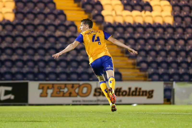 Elliott Hewitt celebrates his goal against Colchester - his first for the club on his full EFL Stags debut
