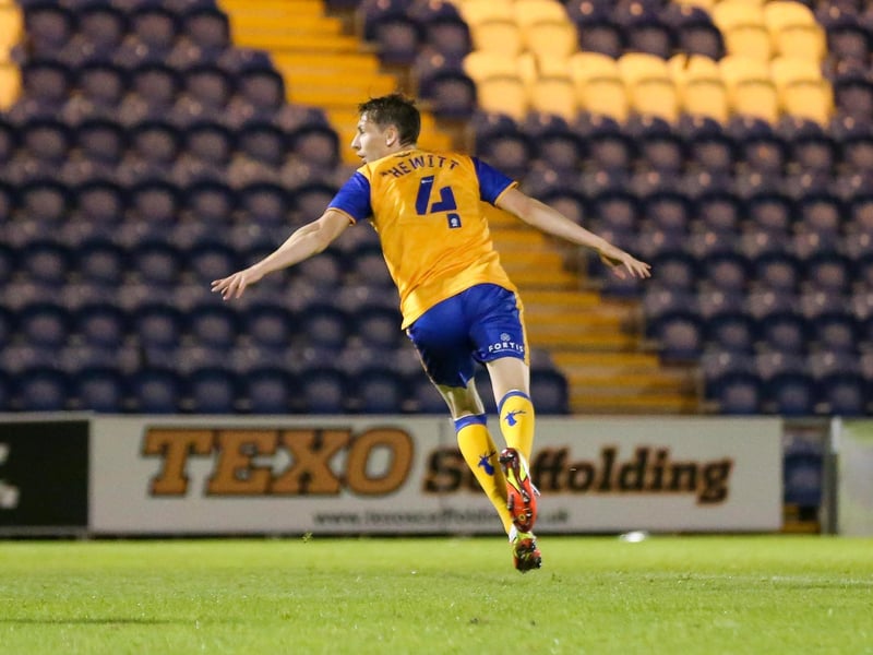 Elliott Hewitt celebrates his goal against Colchester - his first for the club on his full EFL Stags debut