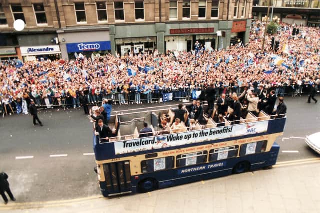Sheffield Wednesday players take an open top bus tour through the city after their League Cup winning success against Manchester United in 1991