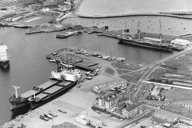 An aerial view of Hartlepool Docks from July 1986. At the top right of the picture, restoration work was nearing completion on HMS Warrior.