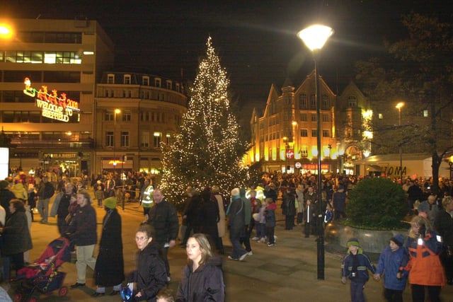 The Welcome to Sheffield lights were turned on in 2001 but who can you spot enjoying the evening?