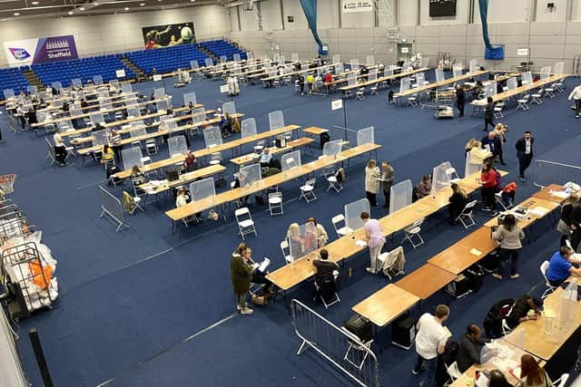 Counting at the Sheffield local elections 2022 at the English Institute of Sport Sheffield.
