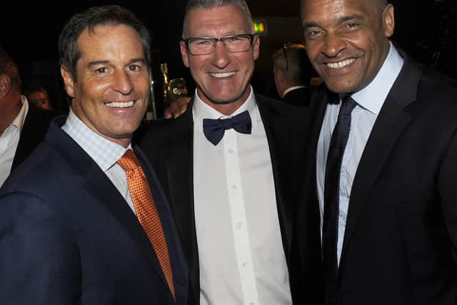 John Harkes (left) pictured with Nigel Pearson and Mark Bright at Sheffield Wednesday's 150th anniversary dinner in 2017.