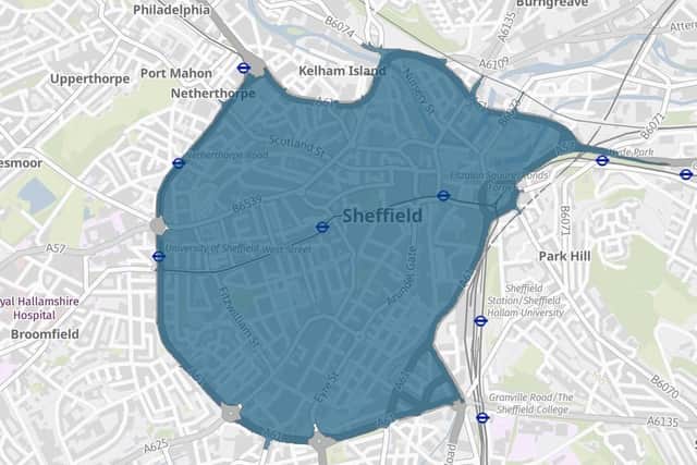Map of the Clean Air Zone. Sheffield Council was confident there would be little displaced traffic as a result of the Clean Air Zone which started charging up to £50 per day to drive in the city centre and ring road yesterday.