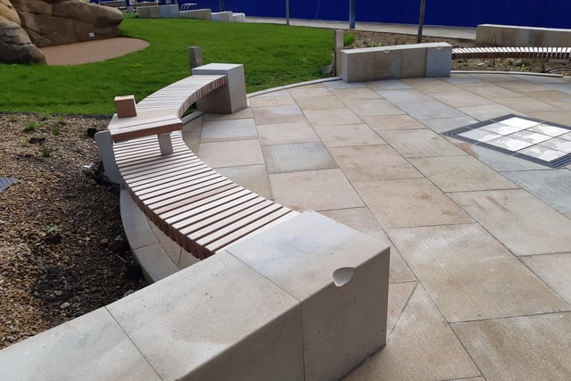Seating space  in Pound's Park, Rockingham Street, Sheffield, due to open on Monday.