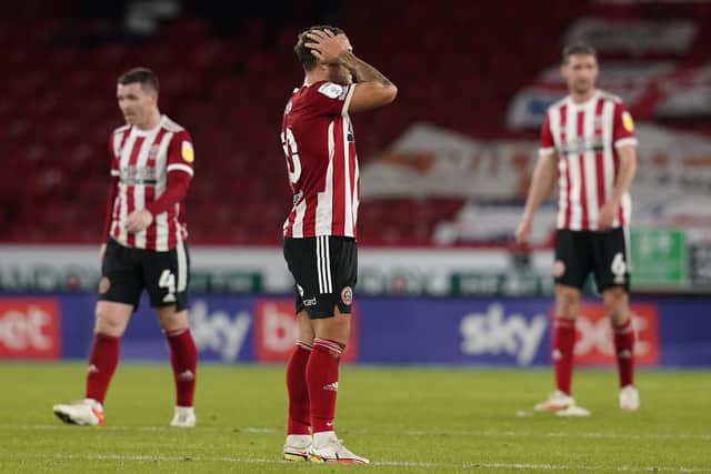 Sheffield, England, 19th October 2021. Billy Sharp of Sheffield Utd (C) reacts after the Millwall second goal during the Sky Bet Championship match at Bramall Lane, Sheffield. Picture credit should read: Andrew Yates / Sportimage