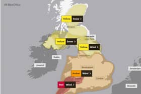 The Met Office has issued severe weather warnings to large parts of the England, with high speed winds now posing a threat to life and likely damage to buildings. Map by The Met Office.