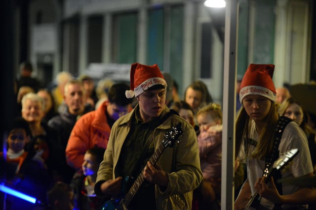 Music at the Pallion Christmas lights switch on.