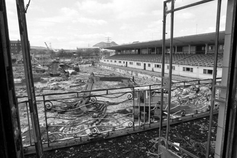 View overlooking Portobello open-air swimming pool, being demolished in May 1988. Picture shows mechanical digger tearing up the floor of the pool.