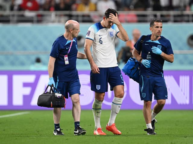Harry Maguire of England is substituted during the FIFA World Cup Qatar 2022 Group B match between England and IR Iran at Khalifa International Stadium on November 21, 2022 in Doha, Qatar. (Photo by Matthias Hangst/Getty Images)