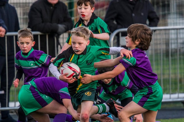 Ivan Watson on the ball for Drumlanrig St Cuthbert's Primary at Hawick's second youth rugby festival in two weeks