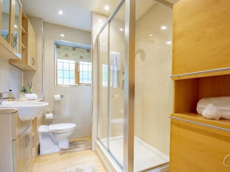 The annexe also benefits from this shower room. It features an enclosed shower, vanity unit, wash hand basin and low-flush WC, plus a cupboard for storage.