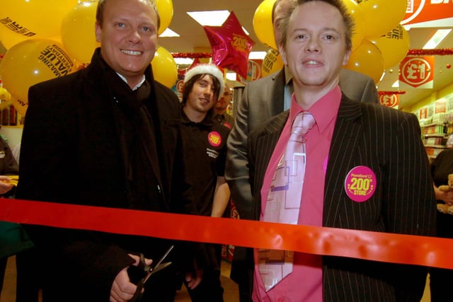 Coronation Street star Antony Cotton opens Poundlands 200th store in Doncasters Frenchgate Centre with manager Dean Ingham in 2008