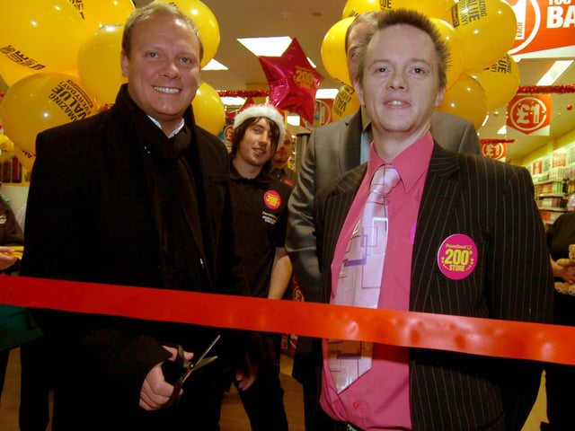 Coronation Street star Antony Cotton opens Poundlands 200th store in Doncasters Frenchgate Centre with manager Dean Ingham in 2008