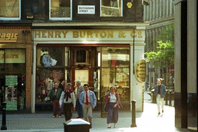 Exterior of Henry Burton & Co, men's outfitters at the corner of Buchanan Street in Glasgow, June 1992. The store was established in 1847, and closed in 1997.