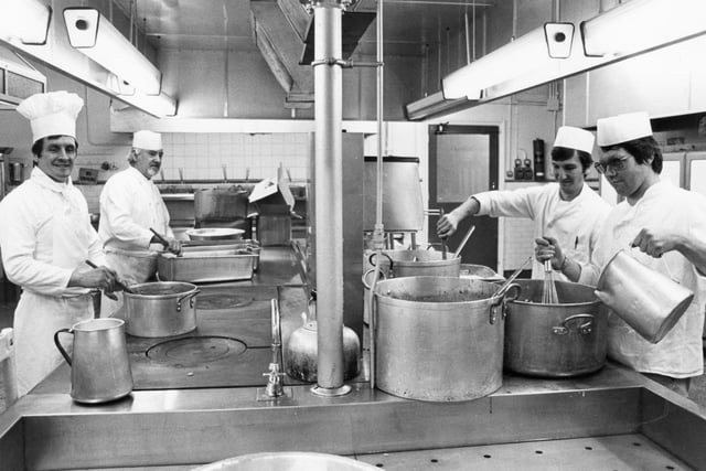 Chefs at South Shields General Hospital prepare lunch for the patients. Can you spot someone you know in this 1982 photo?