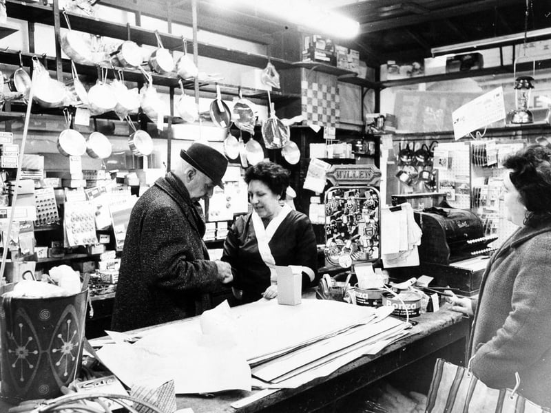 A shopper's eye view of Scarrs in Leeds Market in January 1974