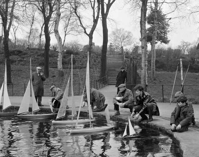 Members of Inverleith Model Yacht Club at Inverleith Pond in March 1964.