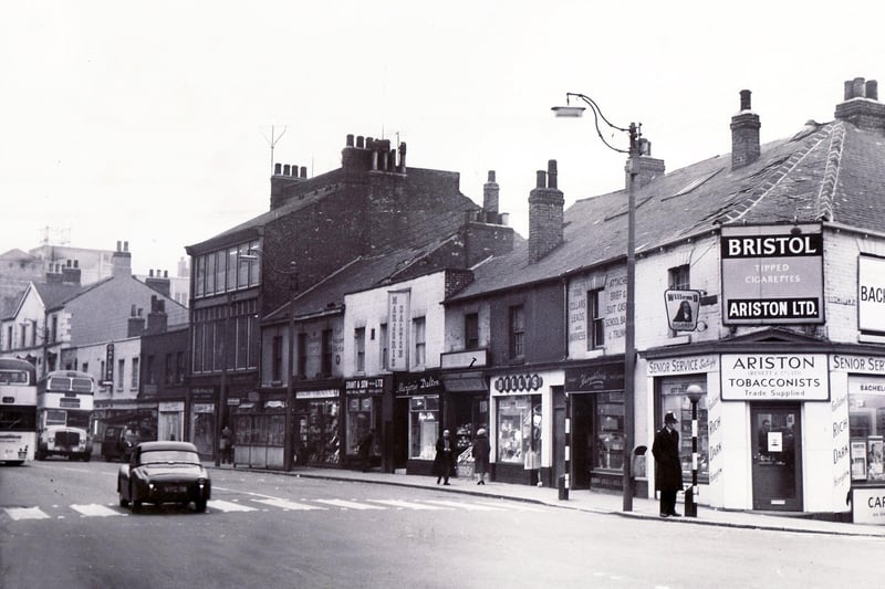 West Street, Sheffield, in  February 1962.... Ariston Tobacconists, Billy's, Marjorie Dalton hair salon, etc.