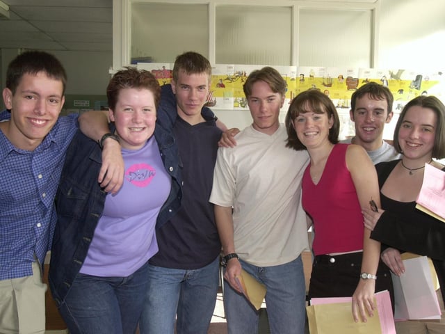 A-level results day at All Saints School. Pictured from left are Joseph Caldwell, Sarah Turner, Tom Goddard, Steven Goddard, Rebecca Tracey, Rob Macdonald and Fran Baxter