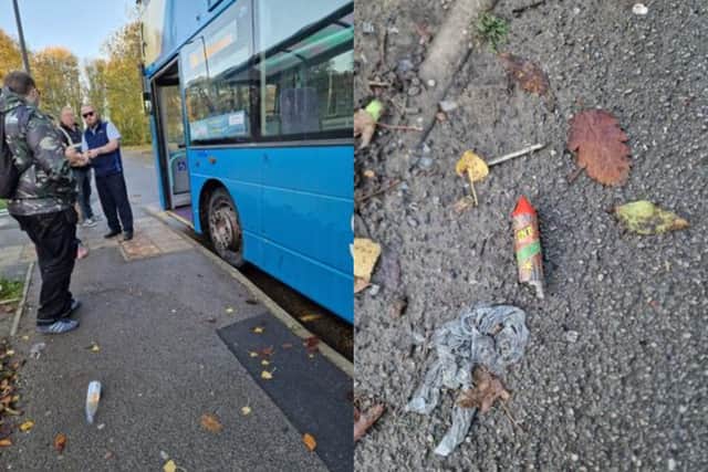 A resident says a group of teenagers brought a Sheffield bus to a halt today by throwing fireworks through its open window as it travelled down Batemoor Road. Images by 'Jim B'.