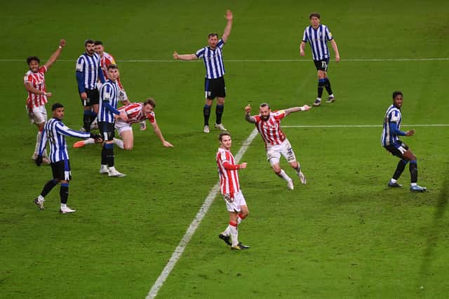 Former Sheffield Wednesday striker Steven Fletcher celebrates scoring Stoke City's winner against his old team-mates at the Bet365 Stadium last night. (Photo by Gareth Copley/Getty Images)